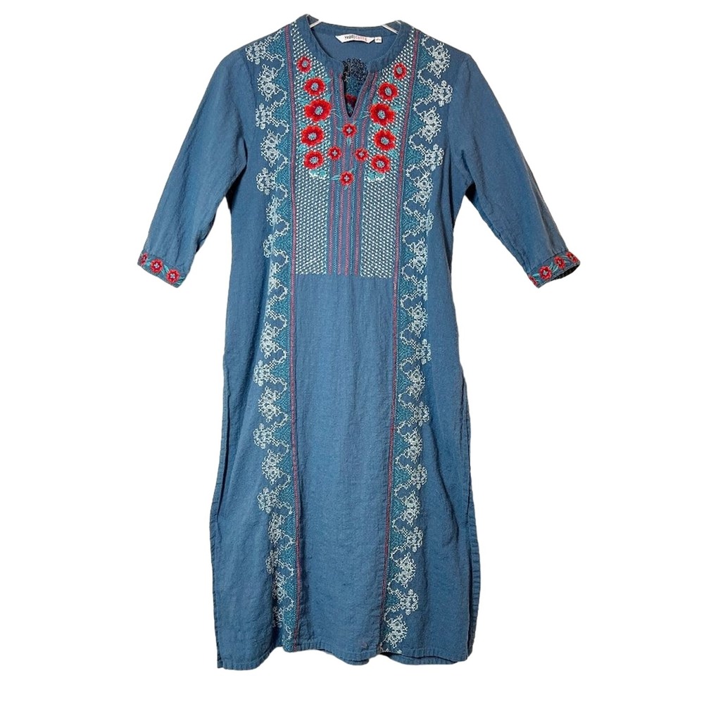 Haute Curry Blue Dress Red Floral‎ Boho Embroidery Size L